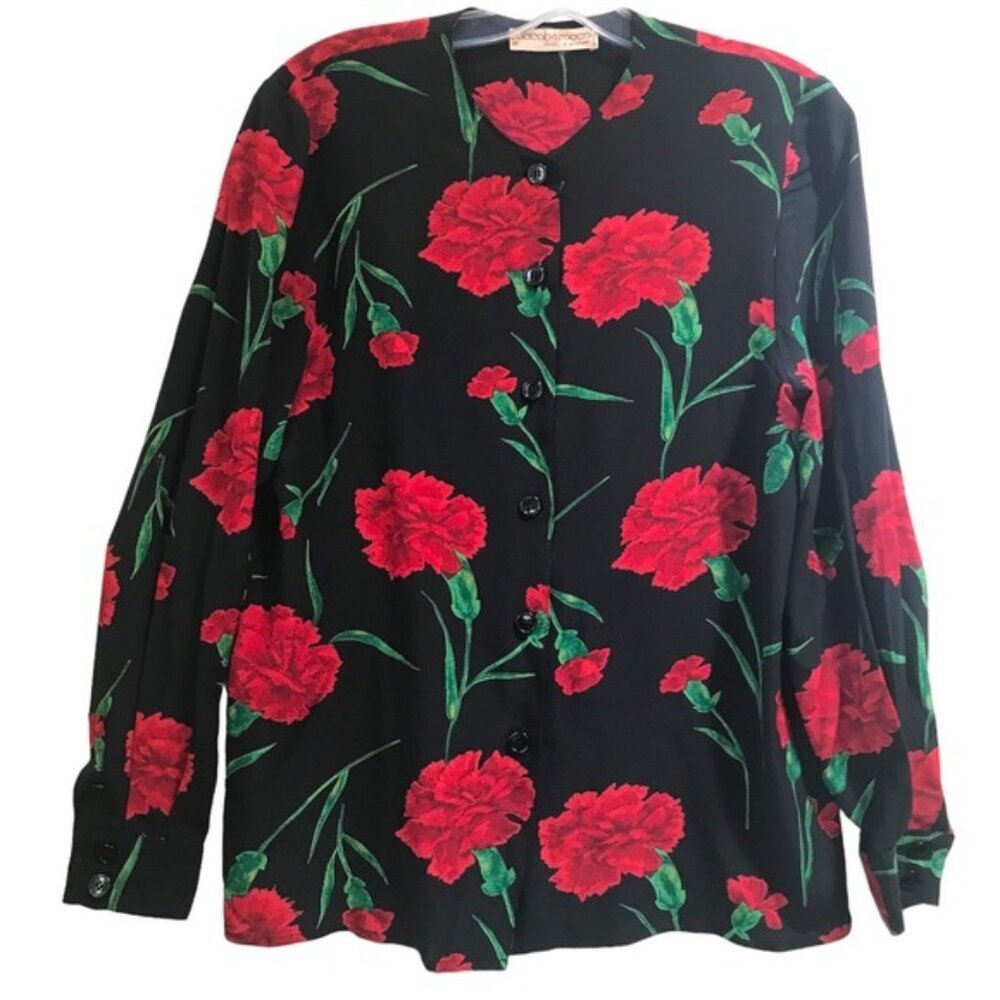 Rocco Barocco Vintage  80s Silk Floral Shirt Blouse Button Flower Top Rare Red M